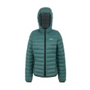 The front of a green quilted jacket with a hood.