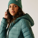 A close up view of the jacket's high collar, hood and Regatta branding on the chest.