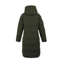 The back of a dark khaki green padded coat.