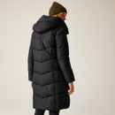 The back of a woman wearing a black padded coat with a hood.