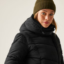 A close up view of the jacket's high collar and padded hood.