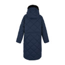 The back of a quilted navy jacket with a faux fur hood.