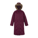 The front of a fig coloured quilted jacket with a faux fur trim.