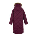 The back of a fig coloured quilted jacket with a faux fur trim.