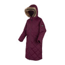 A side view of a fig coloured quilted jacket with a faux fur trim.