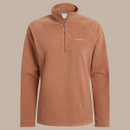 A rust-coloured fleece pullover with a quarter-zip design is centred on a beige background. It has long sleeves and a simple, cosy style.