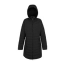 The front of a black quilted jacket with a hood. The front of a black quilted jacket with a hood.