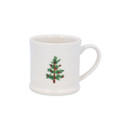 A mini white mug with a Christmas tree design.