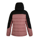The back of a pink and black padded jacket.