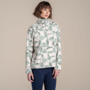 Model wearing sage green leaf print fleece pullover with high neck zip