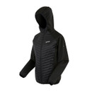 A side view of a short, black padded jacket. A side view of a short, black padded jacket.