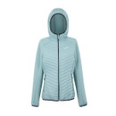 The front of a light green padded jacket with a hood.