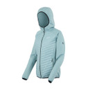 A side view of a light green padded jacket with a hood.