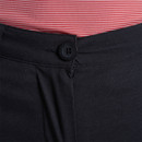 Button fastening detail on waistband of black Craghoppers trousers.