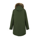 The back of a khaki green jacket with a faux fur hood trim.