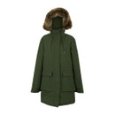 The front of a khaki green jacket with a faux fur hood trim.