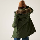 The back of a woman wearing a khaki green jacket with a faux fur hood trim.