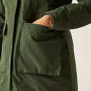 A close up view of the jackets lower pocket.