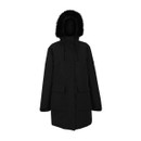 The front of a hooded black jacket with a faux fur trim.