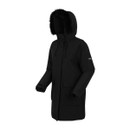 A side view of a hooded black jacket with a faux fur trim.