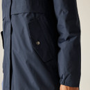 A close up view of one of the jacket's lower pockets.