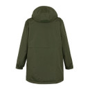 The back of a khaki green hooded jacket.