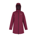 The front of a dark pimento red hooded jacket.