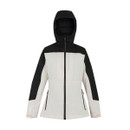 The front of a jacket with a pale body and a black upper and hood. The front of a jacket with a pale body and a black upper and hood.