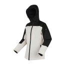 A side view of a jacket with a pale body and a black upper and hood. A side view of a jacket with a pale body and a black upper and hood.