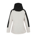 The back of a jacket with a pale body and black upper and hood. The back of a jacket with a pale body and black upper and hood.