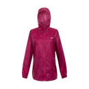 The front of a pink waterproof jacket with a hood.