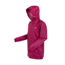 A side view of a pink waterproof jacket with a hood.