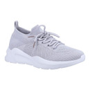 A grey lace up trainer with a knit textile upper.