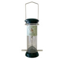 A clear tube bird feeder with a green lid and base, featuring metal perches on each side. It has a label with a bird image on the front.