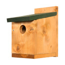 Wooden birdhouse against white background, featuring a natural finish with visible wood grain and knots. It has a green sloped roof and a round entrance hole, conveying a rustic and inviting feel.