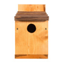 Simple wooden birdhouse with a circular entrance hole centred on a light wood front panel. The roof features dark wood slats.