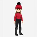 A doll in equestrian attire with a red top, black pants, and riding boots. It wears a red helmet with a black pom-pom, exuding a sporty feel.