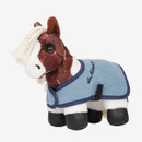 Brown and white plush horse toy with a white mane, wearing a blue fleece blanket. The horse has dark eyes and black hooves, exuding a cute and cosy appearance.
