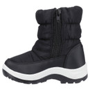 The side of a children’s black snow boot with a zip.
