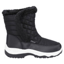 Black quilted women's snow boot from the side with a faux fur trim.