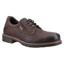 A brown leather lace-up shoe with a sturdy black rubber sole, featuring stitching details and a tag on the side. The shoe conveys a rugged, durable look.