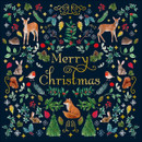 Festive Christmas card with "Merry Christmas" in gold script surrounded by deer, rabbits, birds, foliage, and snowflakes on a dark background.