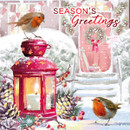 Festive winter scene with two robins. A bright red lantern glows among pinecones and berries. Snow falls softly. Text reads "Season's Greetings."