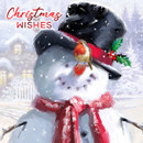 A cheerful snowman with a red scarf and black hat, adorned with holly, smiles in the snow. A robin perches on its head, conveying festive warmth.
