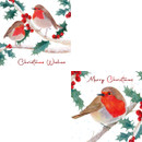 Two festive illustrations of robins on snowy branches with green holly leaves and red berries. Text reads "Christmas Wishes" and "Merry Christmas."