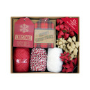 A festive gift box with two Christmas tags reading "Christmas Wishes" and "Merry Christmas." It includes red, white, and twine ribbons, and red-gold bows.