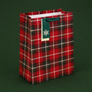 Red tartan Christmas gift bag with green ribbon handles and a coordinating green gift tag featuring a gold snowflake design.