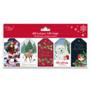 Christmas gift tags featuring Santa, a deer, holly leaves, a white dog with gifts, and a robin. Each tag says "Merry Christmas" or similar festive phrases.
