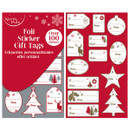Red and white sheet of foil sticker gift tags with festive designs: reindeer, ornaments, trees, snowflakes. Text: "To" and "From" labelling spaces.