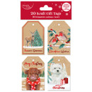 Four festive gift tags with holiday illustrations: a reindeer by a tree, robins with holly, a cow in a scarf, and a white dog with presents.
